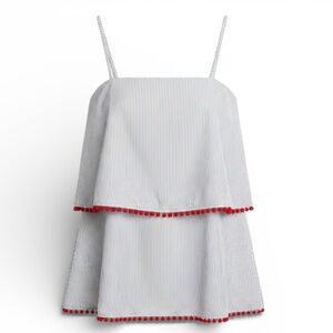 NWT Pleione Blue & White Stripe Tiered Tank w/ Red Pom Trim – Size M